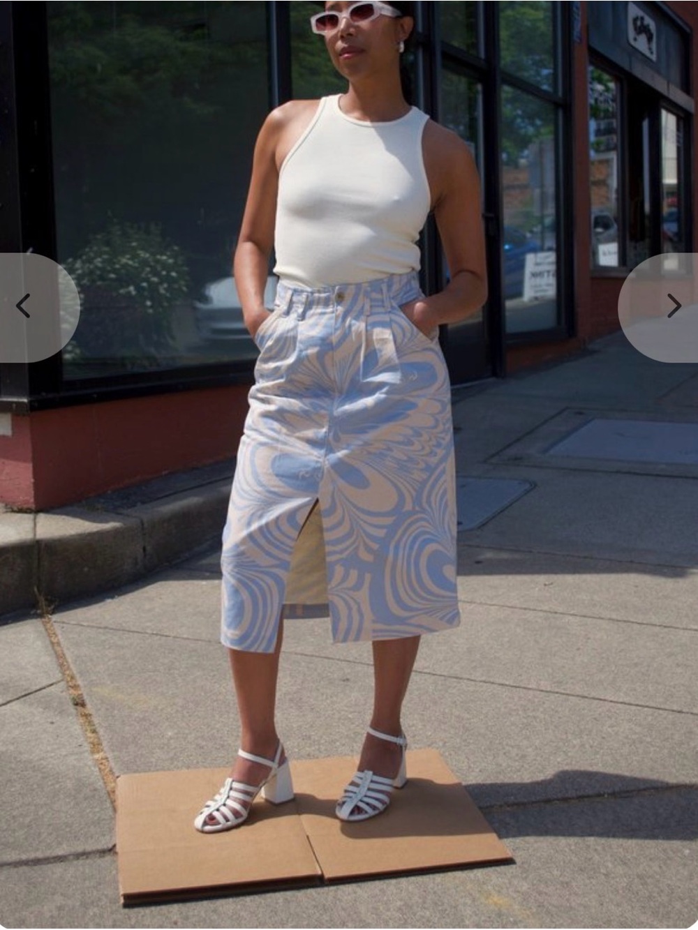 Blue and Cream Swirl Cotton Midi Skirt with Front Slit